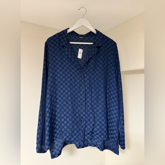 Gap • NWT Navy Blue Jacquard Checkered Satin Pajama Shirt Size XL - Picture 3 of 6